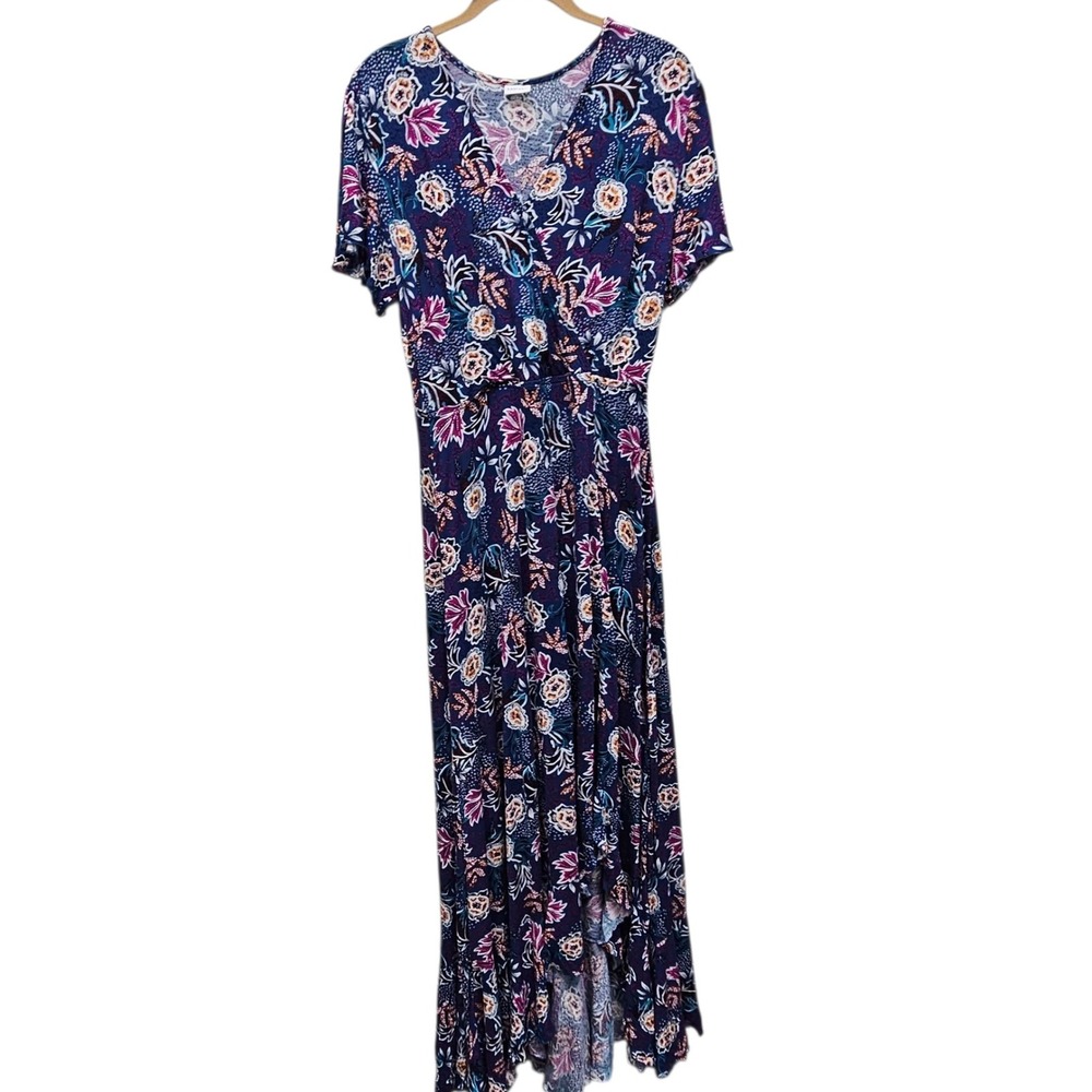Lascana Womens Floral Maxi Dress‎ Short Sleeve V-Neck Crossovers Front Blue